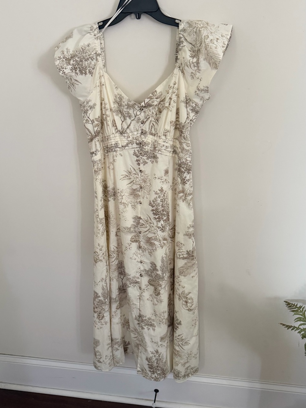 Maison Tara Cream and Brown Floral Midi Dress with Ruffle Sleeves